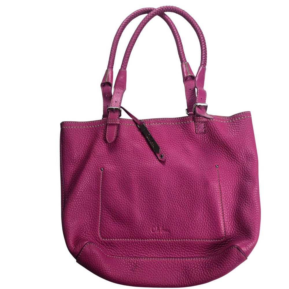Cole Haan Pebbled Leather Tote Bag Womens Large Magenta Pink Good Braided Handle - Picture 7 of 8